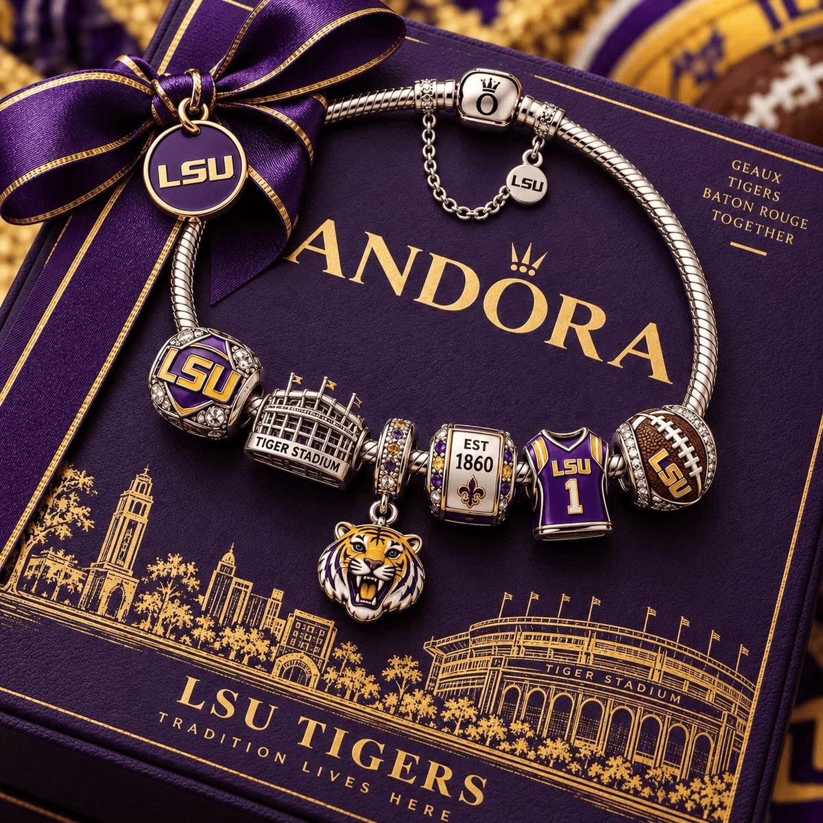 LSU Silver Charm Bracelet Set VTH