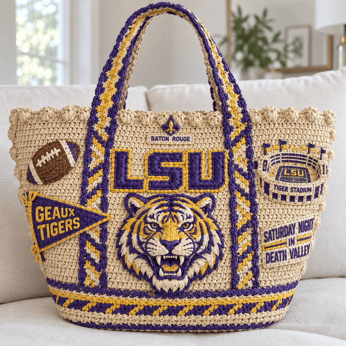 LSU Straw-Style Embellished Tote Bag HTTT